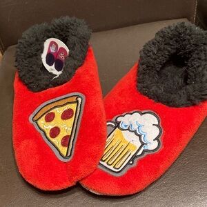 Vibrant Red Slippers with Fun Pizza and Beer Design
